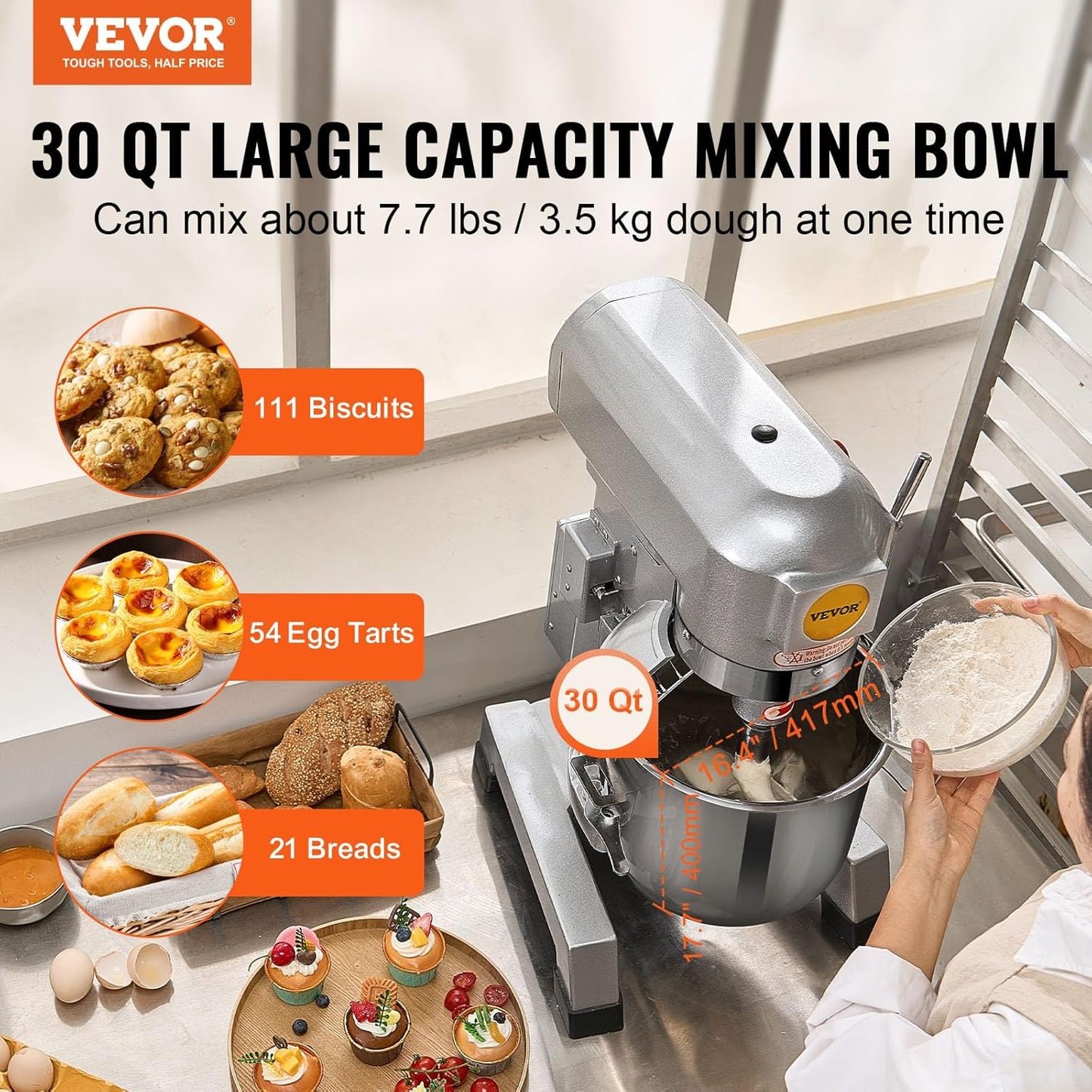 VEVOR Commercial Mixer 30Qt, Commercial Food Mixer Stainless Steel Bowl, 1100W Commercial Stand Mixer with 3 Speeds Adjustable, Dough Hook Whisk Beater Included, Perfect for Bakery Pizzeria, Silver