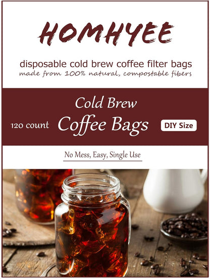 No Mess Cold Brew Coffee Filters - 120 Count Disposable Fine Mesh Brewing Bags for Concentrate/Iced Coffee Maker, French/Cold Press Kit, Hot Tea in Mason Jar or Pitcher, 4 x 6 Inches