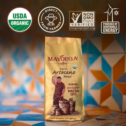 Mayorga Organic Coffee 2lb Artesano Blend - Medium Roast Whole Bean Coffee Speciality Grade, 100% Arabica, Slow Roasted, Chocolate and Nutty Flavor with Low Acidity - USDA Organic, Non-GMO, Kosher