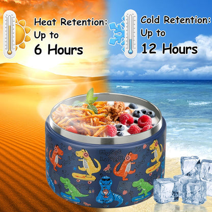 12oz Insulated Vacuum Food Jar with Buckle Lid Wide Mouth Soup Thermo for Hot Food Kids Leakproof Stainless Steel Lunch Container (Blue-Dinosaur)