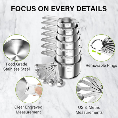 Vakoo 13-Piece Stainless Steel Measuring Cups and Spoons Set - Stackable & Nesting, U.S./Metric Dual Markings, Dishwasher Safe, Kitchen Gadgets for Baking & Cooking