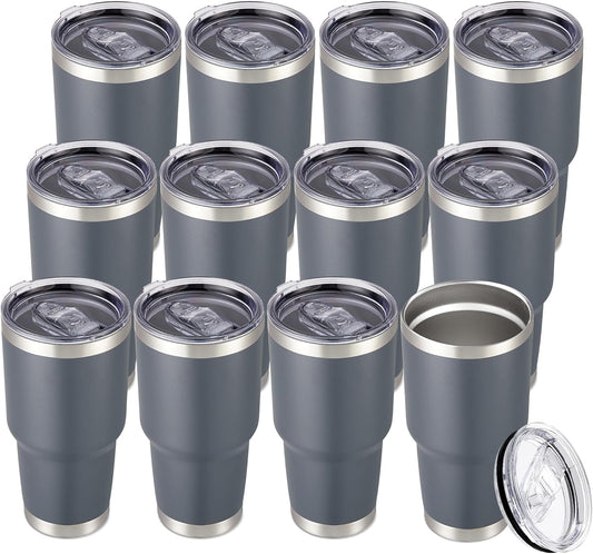 30 oz Tumbler with Lid Stainless Steel Tumblers Bulk Vacuum Insulated Cup Reusable Powder Coated Travel Mug Double Wall Leak Proof Cups Keep Cold Drinks for 12 Hours Gray, Set of 12