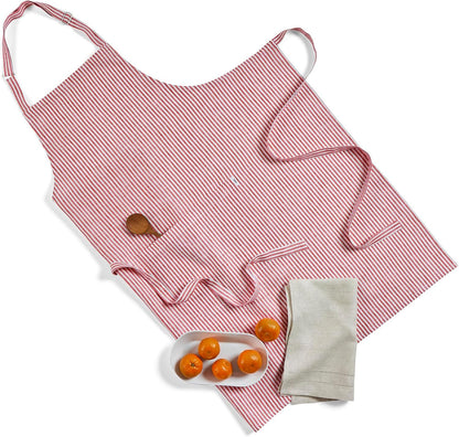 Solino Home 100% Pure Linen Apron for Women & Men - Red and White Stripe Full Midi Bib Apron, Adjustable Neck Strap with Center Pockets for Kitchen, Chef - Handcrafted from European Flax