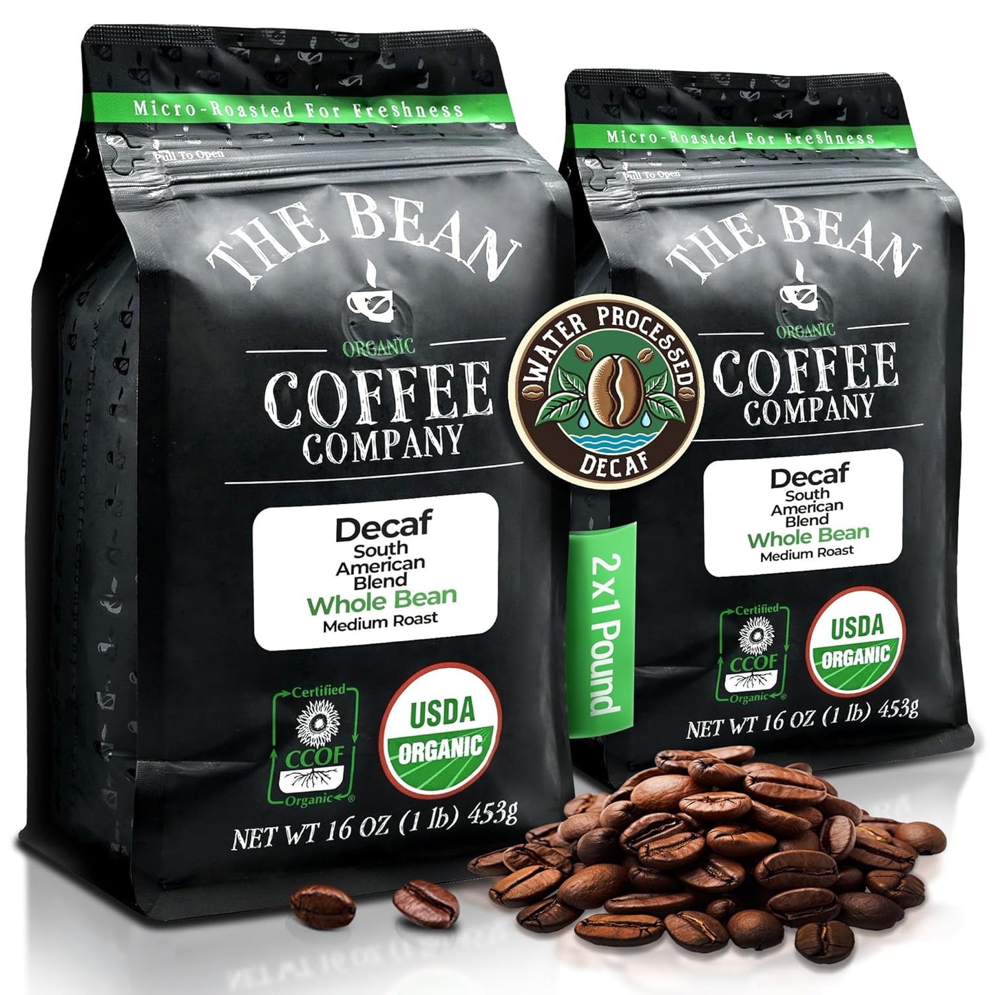 The Bean Organic Coffee Company Water Processed DECAF South America Blend, Medium Roast, Whole Bean Coffee, 16-Ounce Bags (Pack of 2)