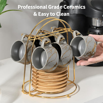LUKA Ceramic Espresso Cups with Saucers and Metal Stand, Small 4 oz Porcelain Demitasse Cups Set of 6, Cute Cappuccino Coffee Cups for Double Espresso, Tea, Marbling Gray