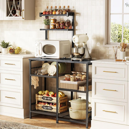 Huuger 31.5 Inch Bakers Rack with Power Outlets, Kitchen Microwave Stand with Storage, Coffee Bar with 4 Hooks, 3-Level Height Open Shelves, Grey