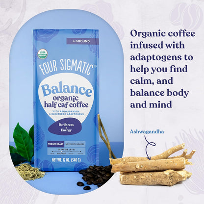 Four Sigmatic Organic Balance Adaptogen Ground Coffee | Medium Roast USDA Organic Coffee with Ashwagandha, Chaga Mushroom, Eleuthero and Tulsi for Focus and Energy Boosting | 12oz Bag