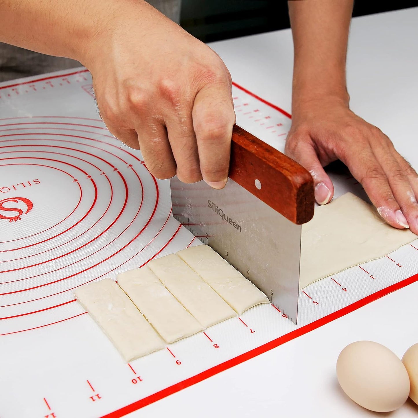 Silicone Pastry Baking Mat with Measurements Extra a Brush and a Dough Scraper- 23.5” x 15.7” Heat Resistant, BPA Free, Non-Stick Non-Slip Pastry Mat for Rolling Dough - Easy to Clean, Red
