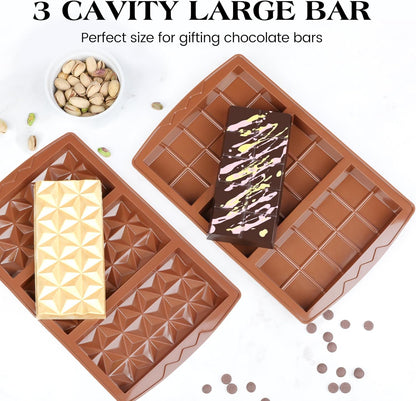 2 Pcs Chocolate Bar Mold Deep Dubai 0.85 Inch Stuffed Chocolate Molds Silicone Large Break Apart Silicone Molds (10 Snap + Pyramid）
