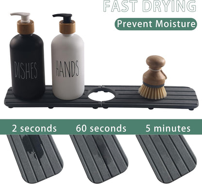ZumenDa 17inch x 4inch Kitchen Sink Faucet Mat, Water Absorbing Stone Faucet Splash Guard for Bathroom Counter, Quick Drying Diatomite Tray for Kitchen Sink, Dark Gray