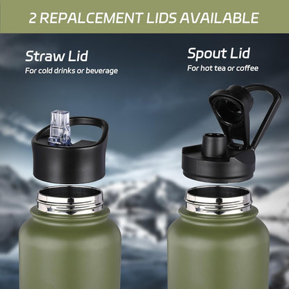 HASLE OUTFITTERS 32 oz Insulated Water Bottle Stainless Steel Double Walled Vacuum Sports Water Bottle with 2 Lids (Straw and Spout Lid) for Gym Camping Hiking(Army Green,8)