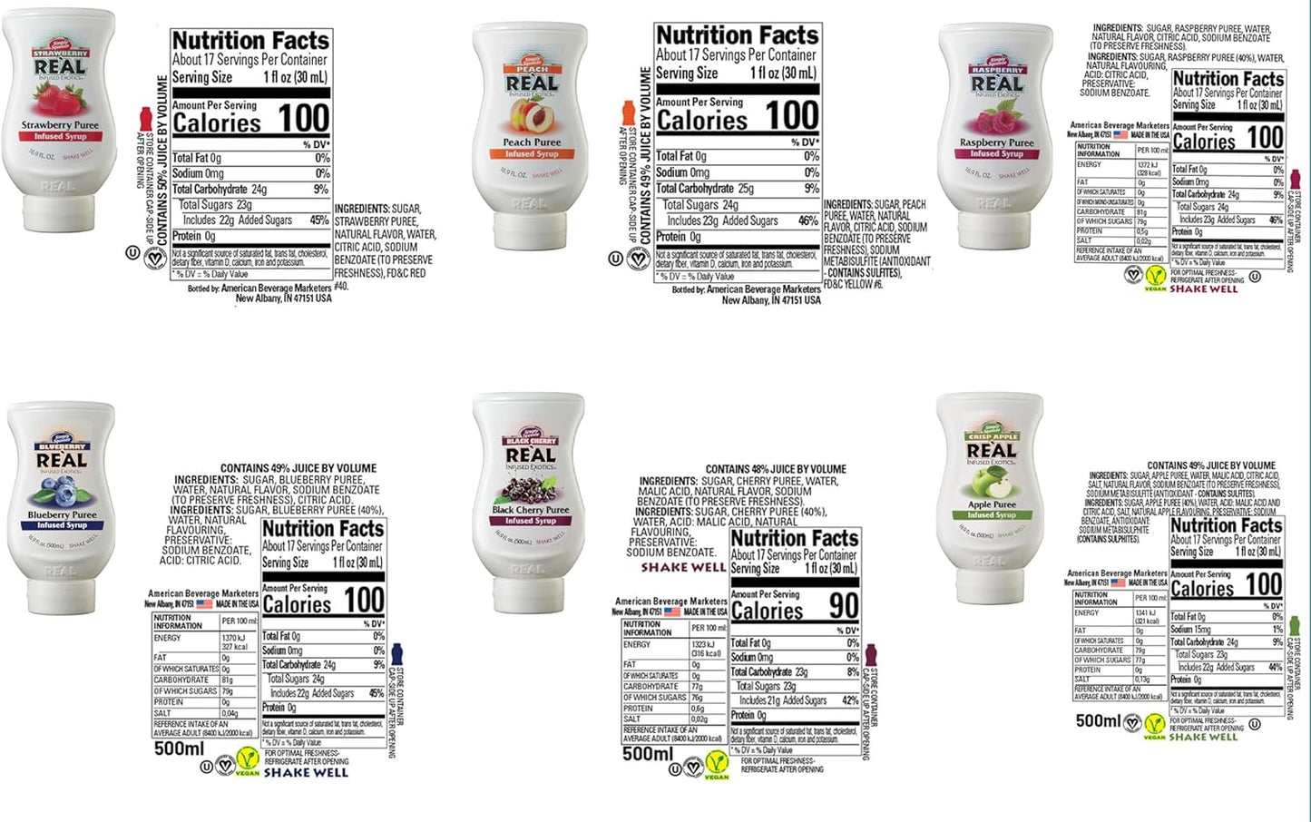 Reàl Fruit Infused Flavoring Syrup Variety - Strawberry, Raspberry, Peach, Blueberry, Black Cherry, Crisp Apple (Pack of 6, 16.9 FL OZ Bottles)