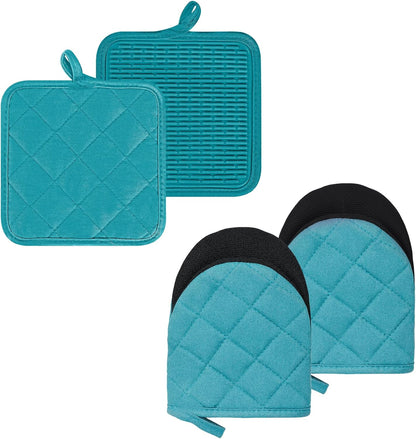 Oven Mitts and Pot Holders Set, Pack of 4, Heat Resistant Silicone Kitchen Mini Oven Mittens for 500 Degrees, Mini Oven Gloves and Hot Pads for Baking Grilling Barbecue Microwave Machine Washable