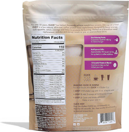 Click Coffee Protein Powder | Double Shot Espresso | 16g Protein | 23 Essential Vitamins | Low Calorie Meal Replacement | 150mg Caffeine | Gluten Free | No Artificial Flavors or Colors | Vanilla