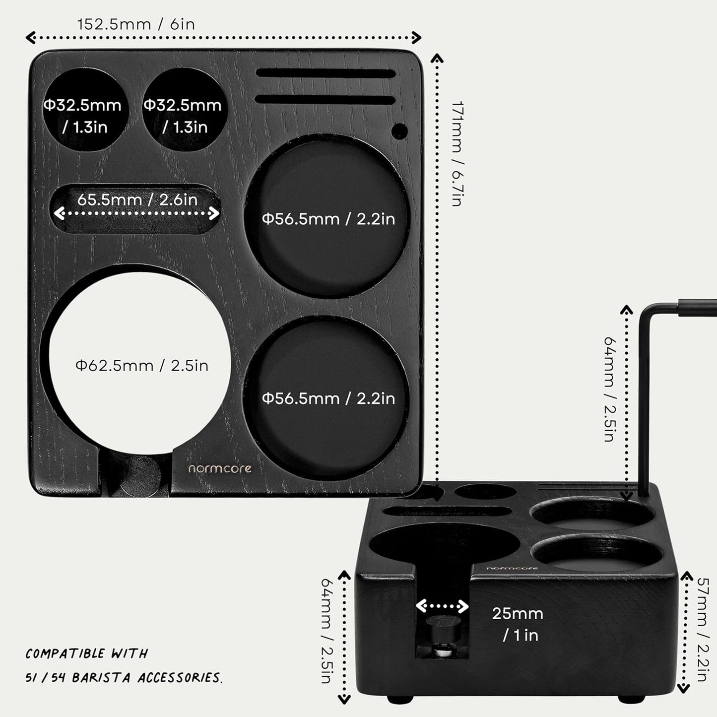 Normcore Espresso Tamping Station, Wood Coffee Tamper Station Fit 51 to 54mm Espresso Machine Accessories Coffee Tamper, Distributor, WDT, Puck Screen, Portafilter Holder Stand, Solid Black Ashwood