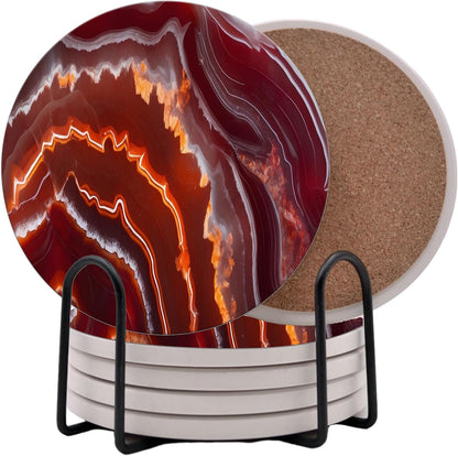 Red Agate Marble Round Coasters Set of 6 - Abosrbent Ceramic Coasters with Metal Stand for Drinks, Coffee, Non-Slip Cork Back for Tabletop Protection, 4 Inches Marbled Pattern (Agate)
