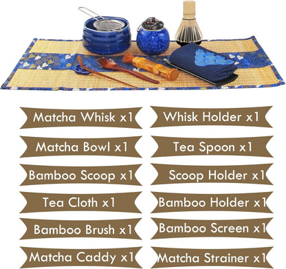 Artcome 12Pcs Japanese Matcha Tea Set - Bowl, Bamboo Whisk, Holder, Brush and Screen - Handmade Ceremony Kit for Traditional Tea Ceremony
