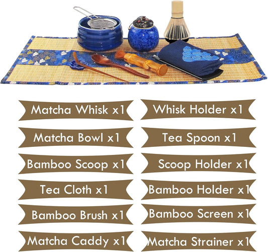 Artcome 12Pcs Japanese Matcha Tea Set - Bowl, Bamboo Whisk, Holder, Brush and Screen - Handmade Ceremony Kit for Traditional Tea Ceremony