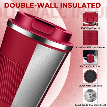 Insulated Coffee Tumbler 12 oz, Stainless Steel Coffee Mug with Lids, Travel Coffee Mug Leak Proof, Double Wall Vacuum Insulated Reusable Coffee Cup, Keep Drinks Hot and Cold (Red, 12 Ounces)