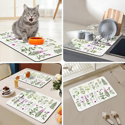 Bloss Dish Drying Mat, Multiple Usage Coffee Bar Mat, Kitchen Counter Mat, Absorbent Hide Stain Rubber Backed Dish Drying Pad(16.1"x24.1", 2-Row Flower)
