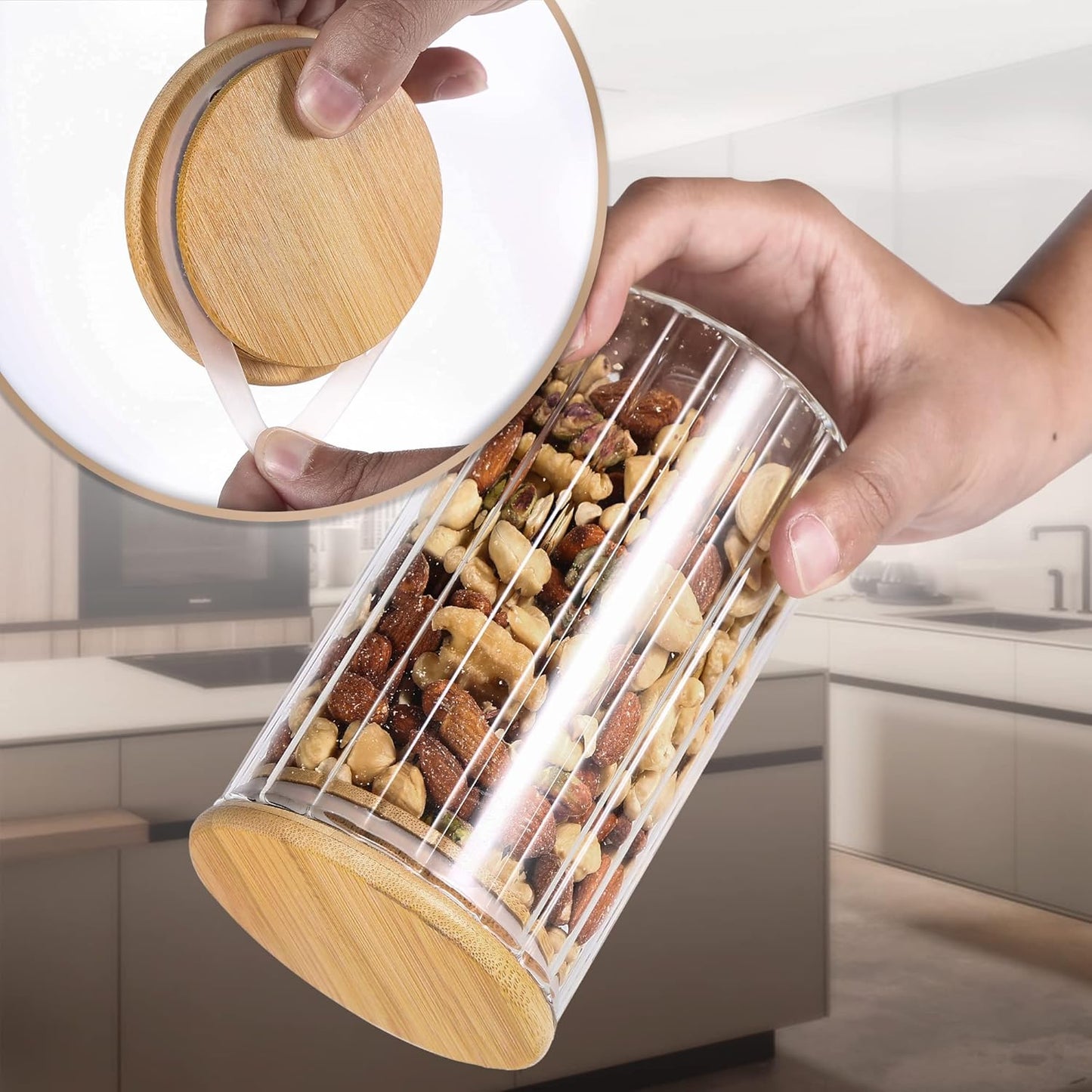 25 FL OZ Large Airtight Glass Jar with Bamboo Spoons Lids Overnight Oats Container Decorative Coffee Bar Food Storage Jar Cereal Nuts Salts Coffee Tea Flour Sugar Container Spice Jar