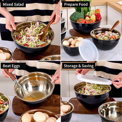 Black Mixing Bowls with Lids Set of 7, Stainless Steel Nesting Bowl with Khaki Lid for Non-slip Mixing Prepping Storing Serving, 7 Sizes-7/3.6/2.7/2.1/1.5/1/0.8 QT