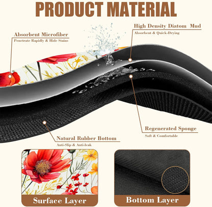 Red and Yellow Flowers Coffee Mat Absorbent Dish Drying Mat for Kitchen Counter Hide Stain Rubber Backed Coffee Bar Accessories Fit Under Espresso Machine, 11.8 x 19.7 Inch