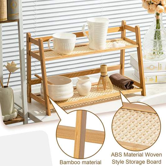 2 Pcs 17.7 Inch 2 Tier Matcha Station Shelf Bamboo Coffee Mug Stand Countertop Storage Rack, Double Layer Rattan Office Cup, Kitchen, Tea, Plant, Bar Accessories Condiment Display (Wood)
