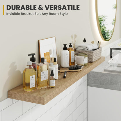 16 Inch Floating Shelves, 9.3" Deep Floating Shelf Wall Mounted, 16" Wall Shelves, Rustic Deep Bookshelf, Large Display Shelves & Storage Shelves for Bedroom, Living Room, Oak, Set of 2