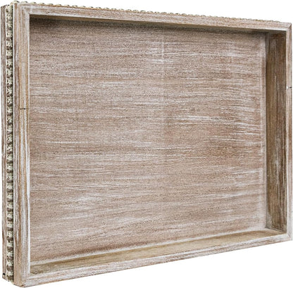 MAONAME Wood Serving Tray, Farmhouse Wooden Tray for Coffee Table, Rustic Rectangle Trays with Beads, Washed White Decorative Trays for Living Room, Kitchen, 15.7" X 11.8" X 1.57"