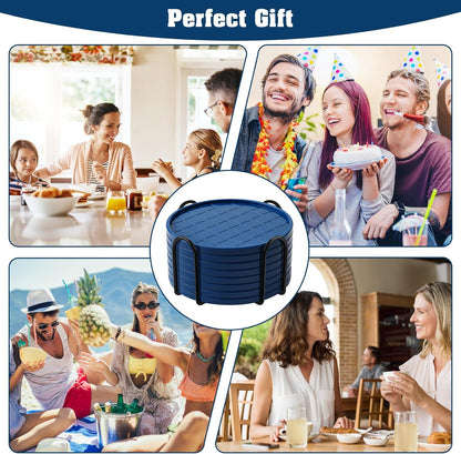 Coasters Set of 8,Hot or Cold Drink Coasters with Holder,Modern Style Coffee Table Coaster,Suitable for Kinds Cups Beer,Drink,Anti-Overflow Tabletop Protection (Navy Blue, 8pcs)