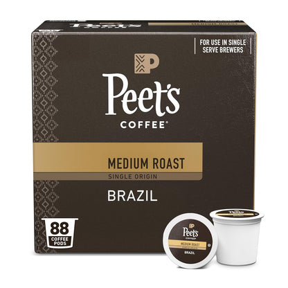 Peet's Coffee, Medium Roast Single Serve Coffee Pods - Single Origin Brazil 88 Count (4 Boxes of 22 Pods)