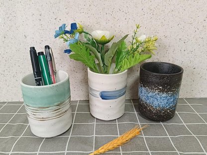 Stoneware Coffee Bar Utensil Holder Tea & Coffee Spoon & Stirrer Holder for Stir Stick Straw Teaspoon Holder Spoon Cup Small Utensil Jar (Blue feather)