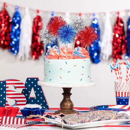 Chinco 100 Pcs Foil Firework Cupcake Toppers Sparkle Tinsel Cake Toppers Cake Decoration Cocktail Fruit Toothpick for Birthday Wedding Graduation Party(Silver, Red, Blue)