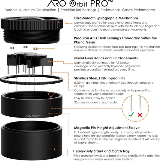 ARO Orbit PRO™ | Aluminum Spirographic WDT Tool | Mechanical Geared Spinning Distribution Tool for Home Baristas and Professional Cafés | Compatible with Breville 54mm Portafilters