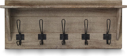 HBCY Creations Rustic Wall Mounted Coat Rack with Shelf - Solid Wood 24" Entryway Shelf with 5 Coat Hangers. Perfect Touch for Your Entryway, Mudroom, Kitchen, Bathroom and More, Weathered Brown