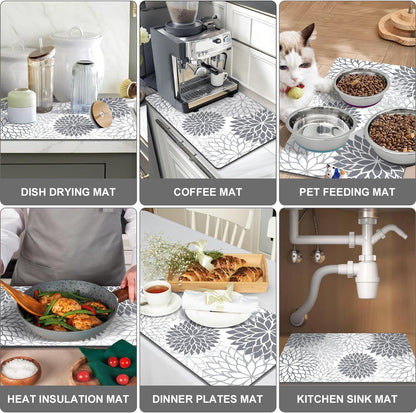 Findosom 2PCS 16" x 24" Dish Drying Mat & 24" x 5.5" Sink Splash Guard, Super Absorbent & Cuttable Dish Mat Drying Kitchen Mat with Gray Floral, Hide Stain Drying Mat for Kitchen Counter