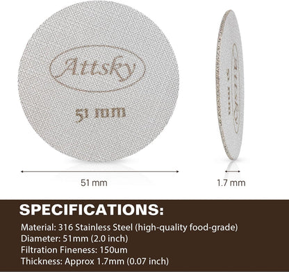 51mm Espresso Puck Screen, Espresso Filter for 51mm Portafilter Filter Basket, Reusable Espresso Screen with 1.7mm Thickness 150μm 316 Stainless Steel