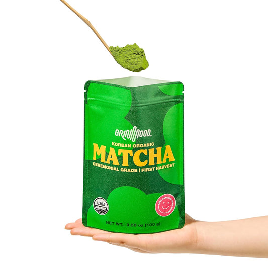 GRIN MOOD Matcha Organic Ceremonial Green Tea Powder(3.53oz) - Decaffeinated First Harvest Green Tea, Authentic Korean Matcha, Halal, Eco-Friendly Recyclable Package