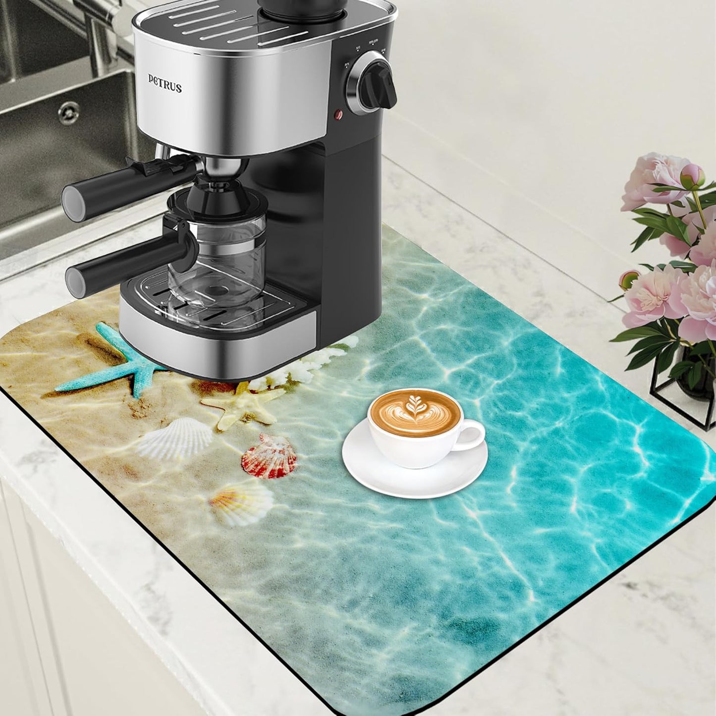 Starfish and Seashell Beach Dish Drying Mat for Kitchen Counter - Hide Stain Rubber Backed Absorbent Mat - Fits Under Coffee Maker, Espresso Machine - 15.7 x 23.6 Inch