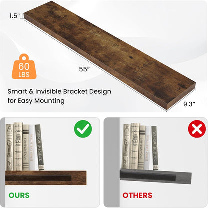 Floating Shelves for Wall, 55"W x 9.3"D x 1.5"H, Long Wooden Wall Mounted Display Shelf with Invisible Brackets for Living Room, Bedroom, Bathroom, Kitchen Decor & Storage,Set of 1,Rustic Brown