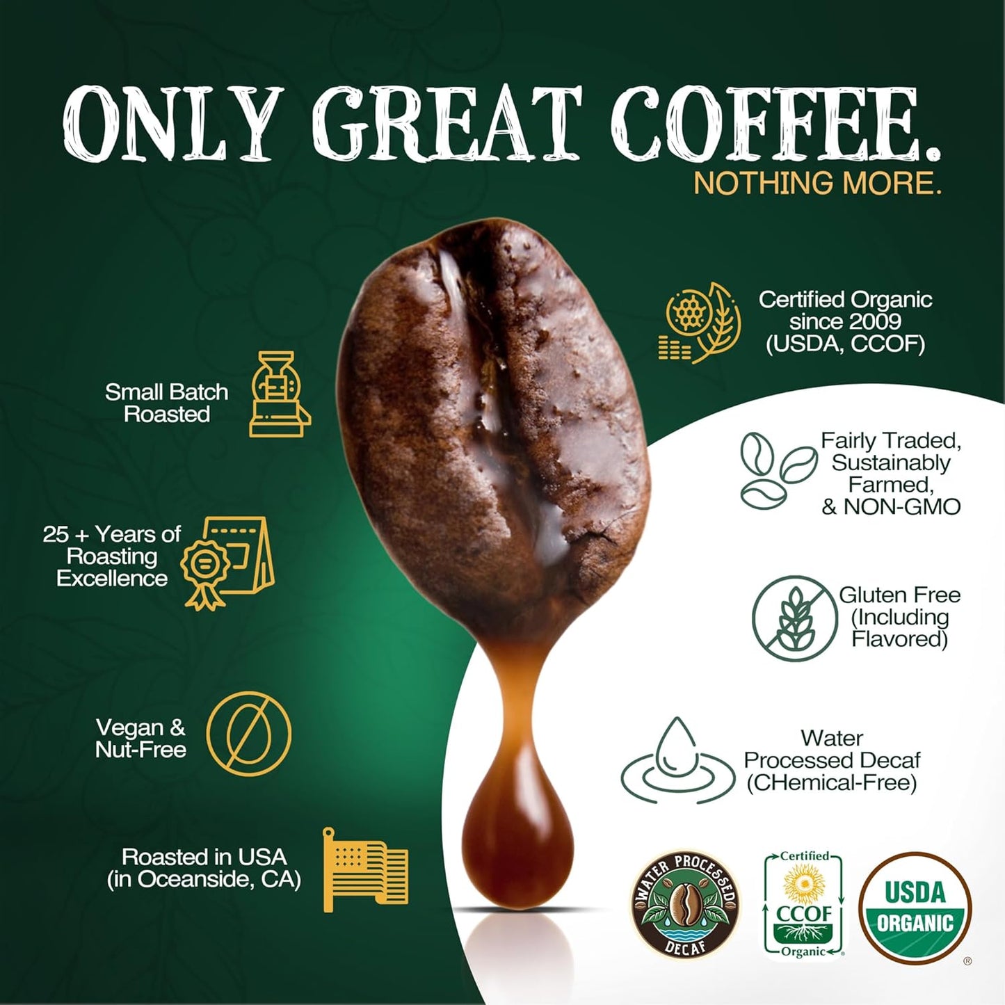 The Bean Organic Coffee Company Water Processed DECAF South America Blend, Medium Roast, Whole Bean Coffee, 5-Pound Bag
