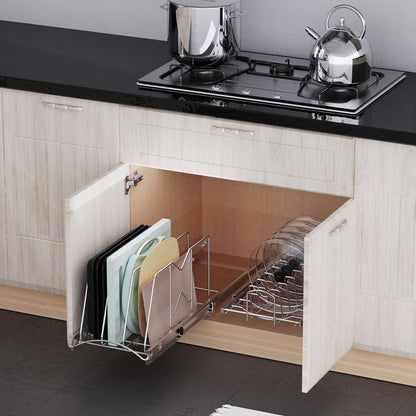 Pull Out Cookie Sheet Organizer for Cabinet, Pan and Pot Rack, Cutting Board Organizer Rack, Baking Tray Organizer for Cabinet, Adjustable Divider Width, 11" W x 22" D x 11.8" H, Chrome