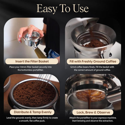 Bottomless Portafilter 54mm - Stainless Steel Filter Basket and Ergonomic Mahogany Wood Handle - Compatible with Breville 54mm Bottomless Portafilter Coffee Machine Models