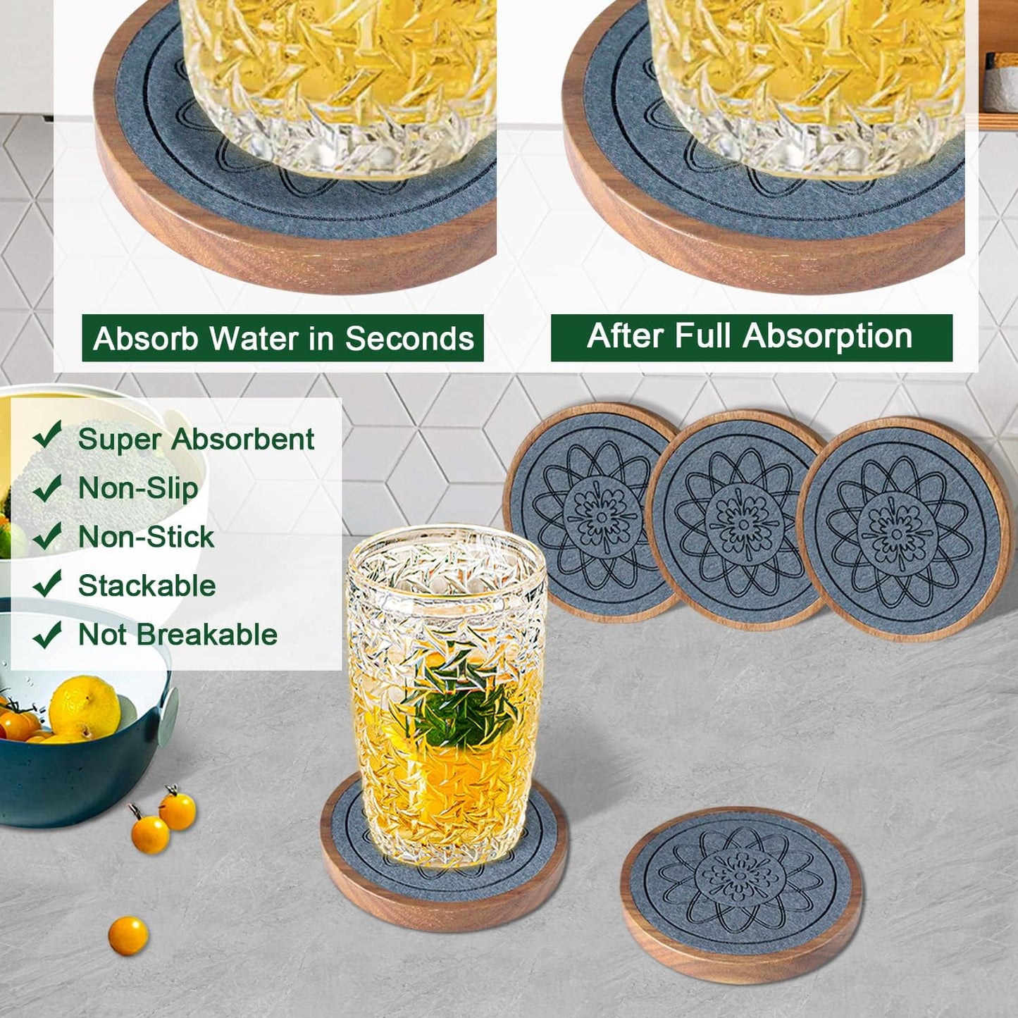 Wood Coasters for Drinks, Absorbent Coaster Sets of 5, Drinks Coasters for Coffee Tabletop Protection, Non-Slip, Non-Stick, Suitable for Kinds of Cups Wooden Table Hot or Cold Drink, 4.3 Inches
