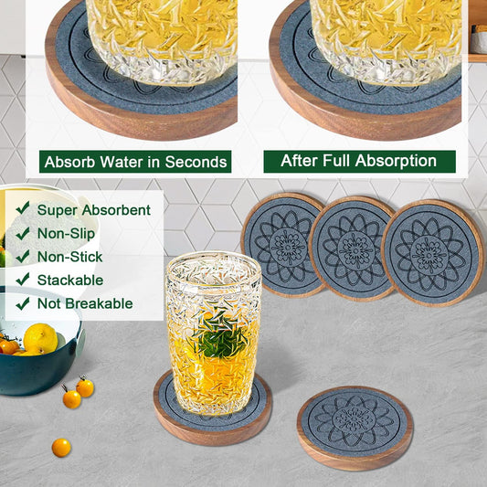 Wood Coasters for Drinks, Absorbent Coaster Sets of 5, Drinks Coasters for Coffee Tabletop Protection, Non-Slip, Non-Stick, Suitable for Kinds of Cups Wooden Table Hot or Cold Drink, 4.3 Inches