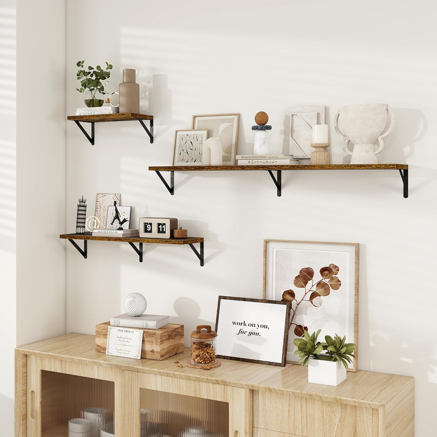 Dreamland Dark Brown Floating Shelves, 24W x 8D Wall Mounted Shelves Set of 2, Wide Display Ledge Shelf with Sturdy Metal Brackets for Living Room, Bathroom, Bedroom and Kitchen