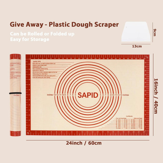 Sapid Extra Thick Silicone Pastry Mat Non-slip with Measurements for Non-stick Silicone Baking Mat Large, Dough Rolling, Pie Crust, Cookies, Kneading Mats, Countertop, Placement Mats (16" x 24", Red)