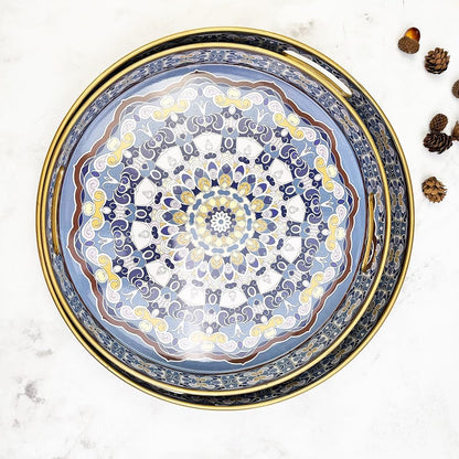 Round Decorative Trays Set of 2, Modern Plastic Serving Tray with Handles for Living Room, Coffee Table, Kitchen, Ottoman, Boho Blue, Large 13", Small 11.8"