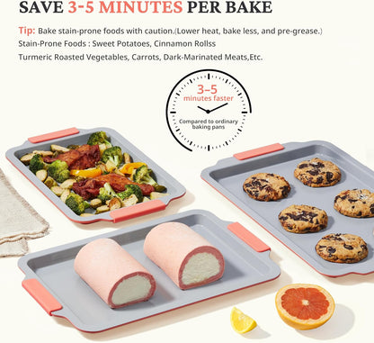 BRONYPRO Non Stick Ceramic Baking Sheet Pan Set of 3, Natural Non Toxic Cookie Sheets for Baking - PFOA, PTFE Free, Heavy Duty Aluminized Steel Oven Trays for Cooking with Silicone Handles, Coral